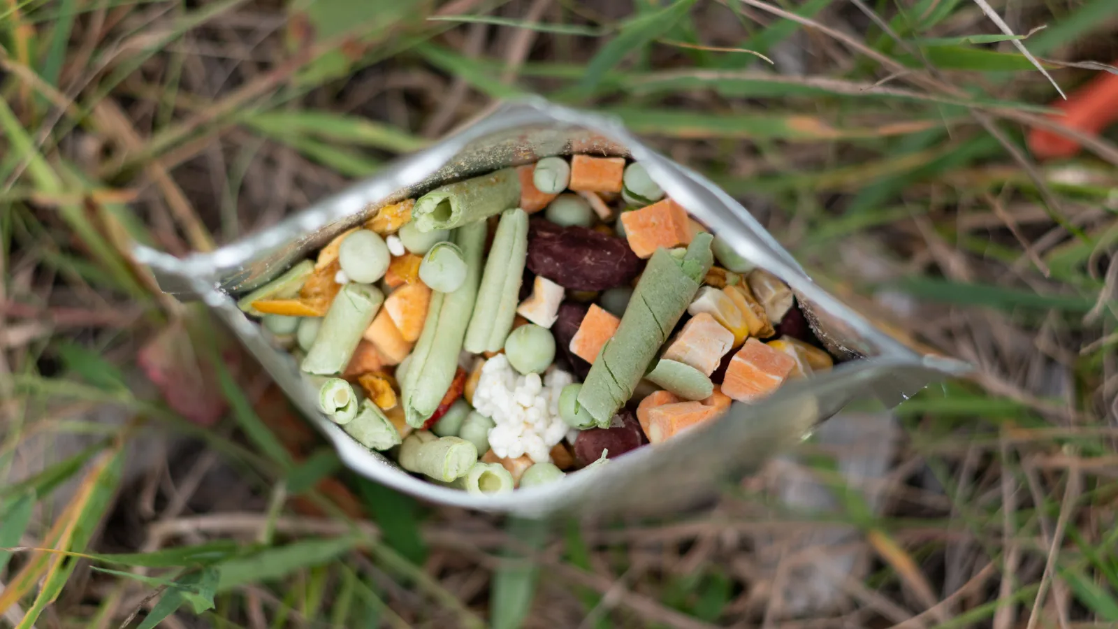An open silver pouch of freeze-dried green beans, peas, sweetcorn and diced carrot resting in dry grass.