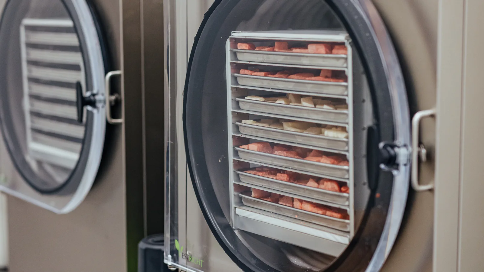 Two home freeze dryers side by side, one with its chamber door open on eight stacked trays of part-dried red fruit.