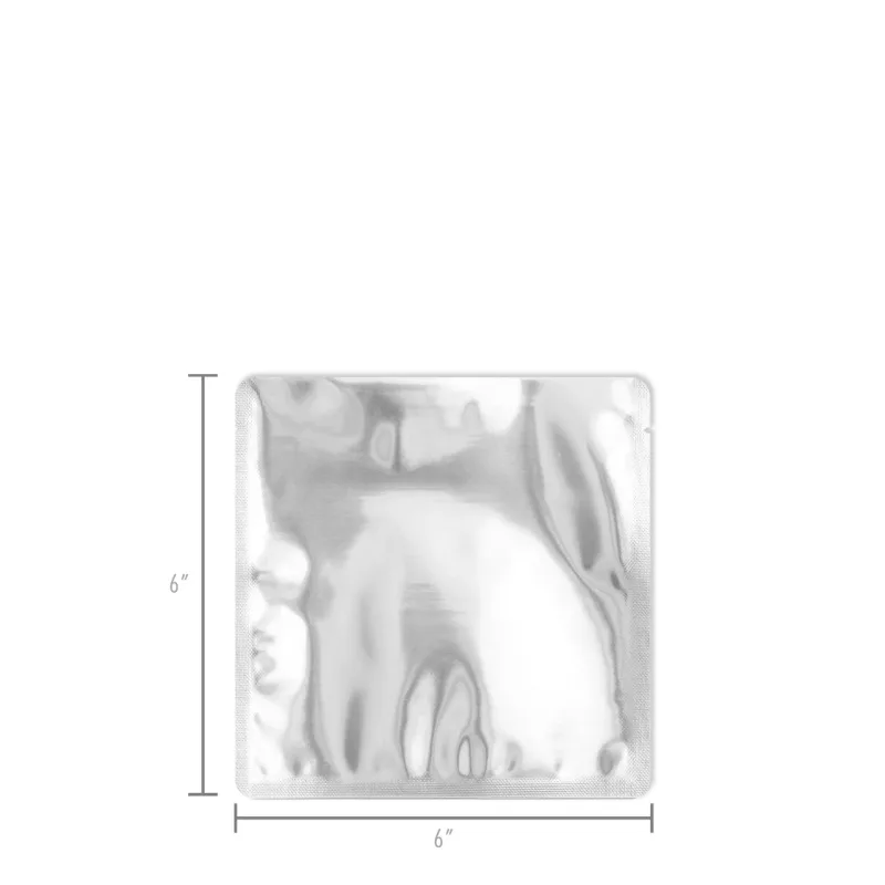 A 6 by 6 inch flat Mylar bag with its width and height dimensioned at 6 inches on each side.