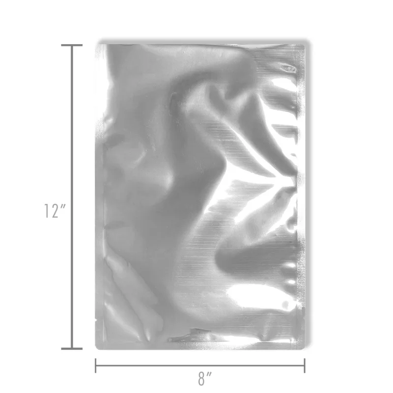 A quart flat Mylar bag dimensioned at 12 inches tall by 8 inches wide.